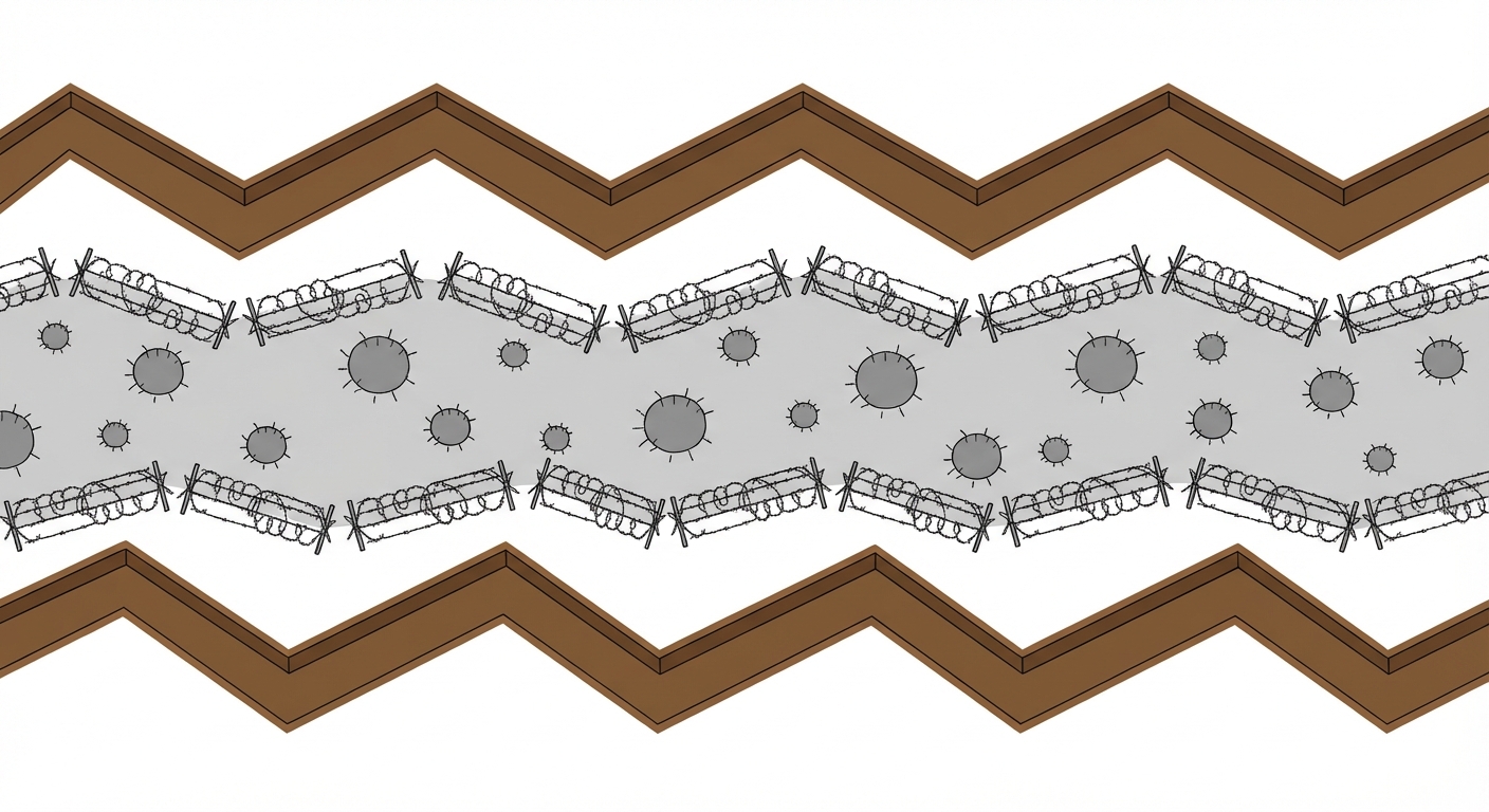 Dessin schématique vu de haut montrant deux lignes de tranchées marron en zigzag espacées l'une de l'autre. Entre les deux lignes, un no man's land gris couvert de cratères ronds et de rangées de fils de fer barbelés. Aucun personnage, fond blanc.
