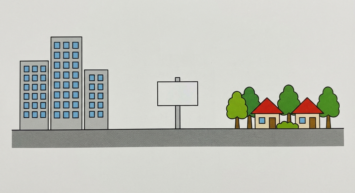 Dessin simple d'une route grise horizontale vue de profil. A gauche de la route, 3 hauts bâtiments gris avec des fenêtres bleues. A droite de la route, 2 petites maisons avec des toits rouges entourées de 4 arbres verts. Au milieu de la route, un panneau blanc vide monté sur un poteau gris.