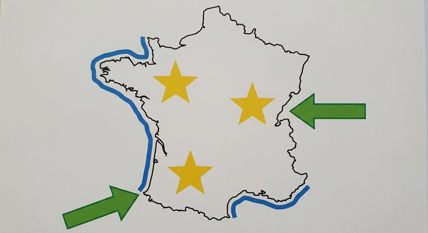 Dessin d'une carte de la France aux contours noirs sur fond blanc. Exactement 3 grandes étoiles jaunes sont dessinées à l'intérieur de la carte pour représenter des villes. Les bords maritimes à l'Ouest et au Sud sont coloriés avec un trait bleu épais. Deux grosses flèches vertes pointent vers les bords Est et Sud-Ouest de la carte.