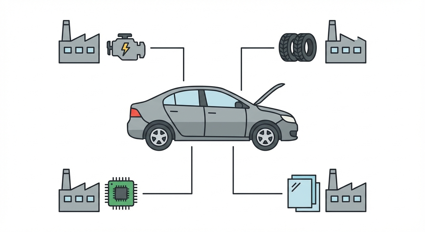 Dessin à plat style infographie. Au centre, une voiture grise en cours d'assemblage. Autour, 4 icônes reliées par des traits à la voiture : un moteur venant d'une usine A, des pneus venant d'une usine B, de l'électronique venant d'une usine C, et du verre venant d'une usine D. Fond blanc épuré.
