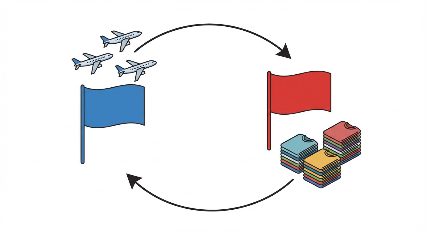 Schéma simple sur fond blanc. À gauche, un drapeau symbolique bleu produisant 3 avions. À droite, un drapeau symbolique rouge produisant 3 piles de t-shirts. Une flèche part de l'avion vers le drapeau rouge, et une flèche part des t-shirts vers le drapeau bleu, symbolisant l'échange.