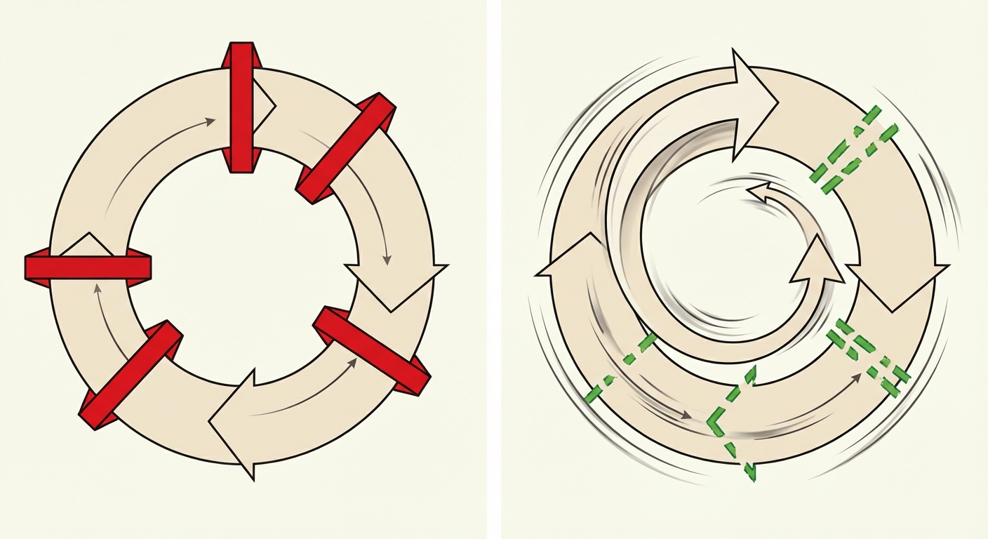 Dessin comparatif. À gauche 'Cellule saine' : un cycle cellulaire circulaire avec des barrières rouges fermées (points de contrôle). À droite 'Cellule cancéreuse' : le même cycle mais les barrières sont brisées et vertes, avec une flèche de rotation rapide symbolisant la vitesse excessive.