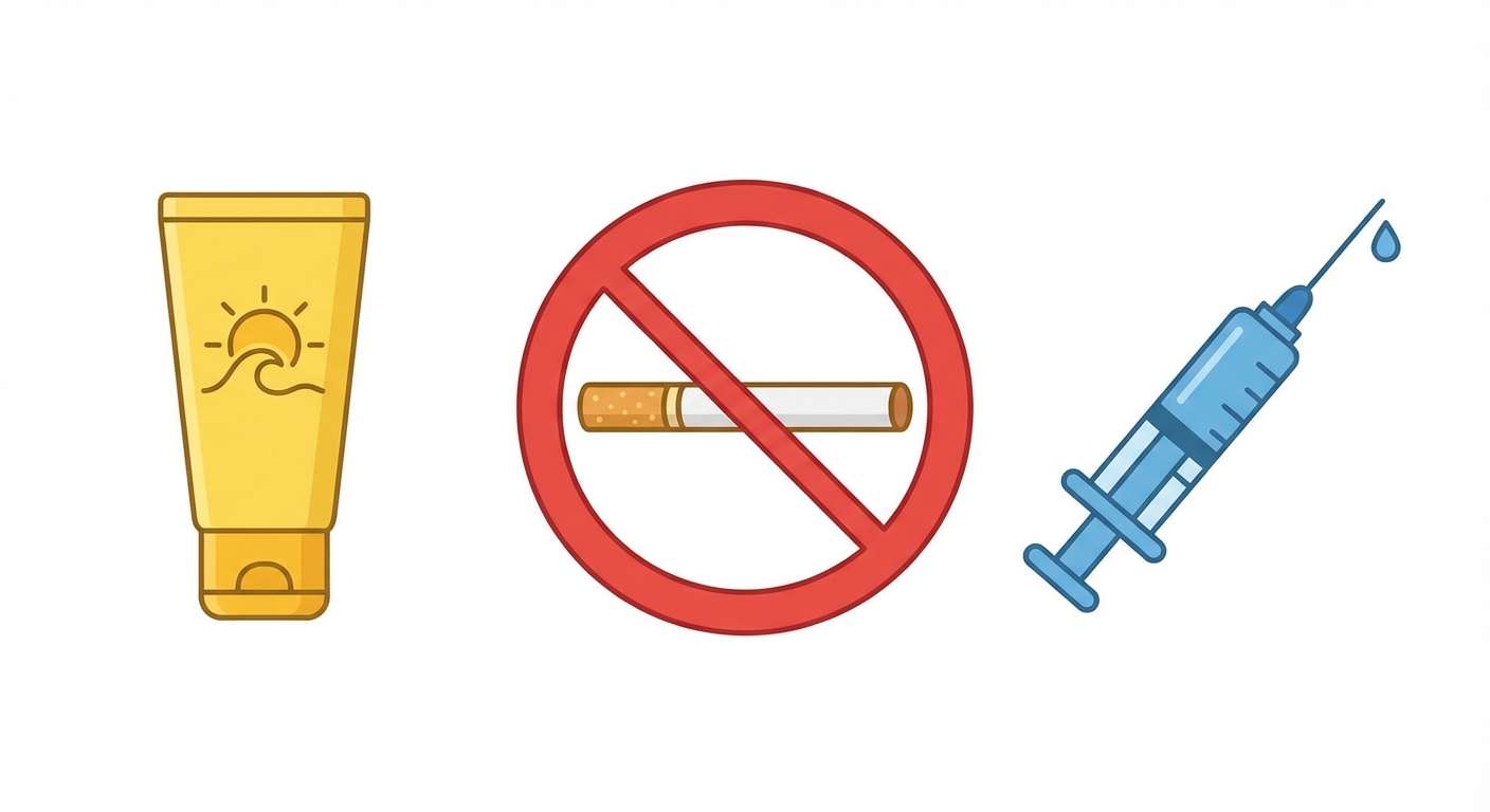 Illustration style icône à plat sur fond blanc. Trois objets alignés : 1. Un tube de crème solaire jaune. 2. Une cigarette barrée d'un panneau d'interdiction rouge. 3. Une seringue bleue symbolisant la vaccination.