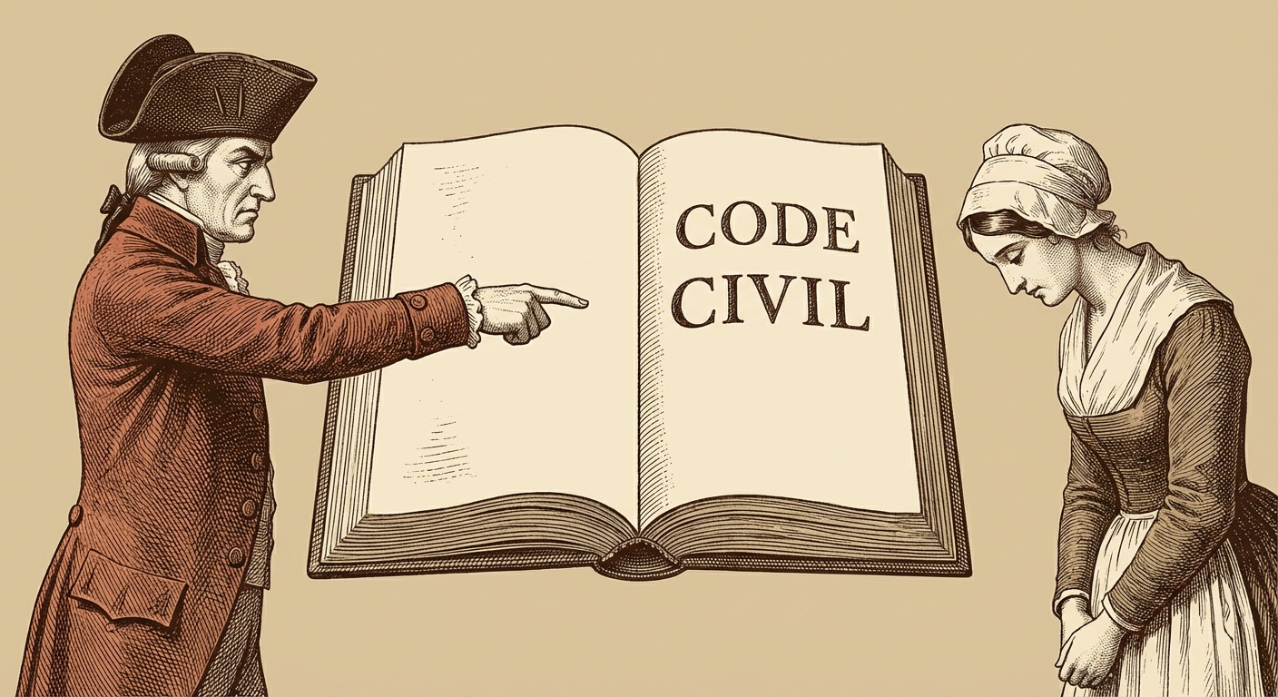 Illustration style gravure ancienne. Au centre, un livre ouvert marqué 'Code Civil'. À gauche, un homme sévère en redingote pointe le livre du doigt. À droite, une femme tête baissée écoute. Fond beige uni.