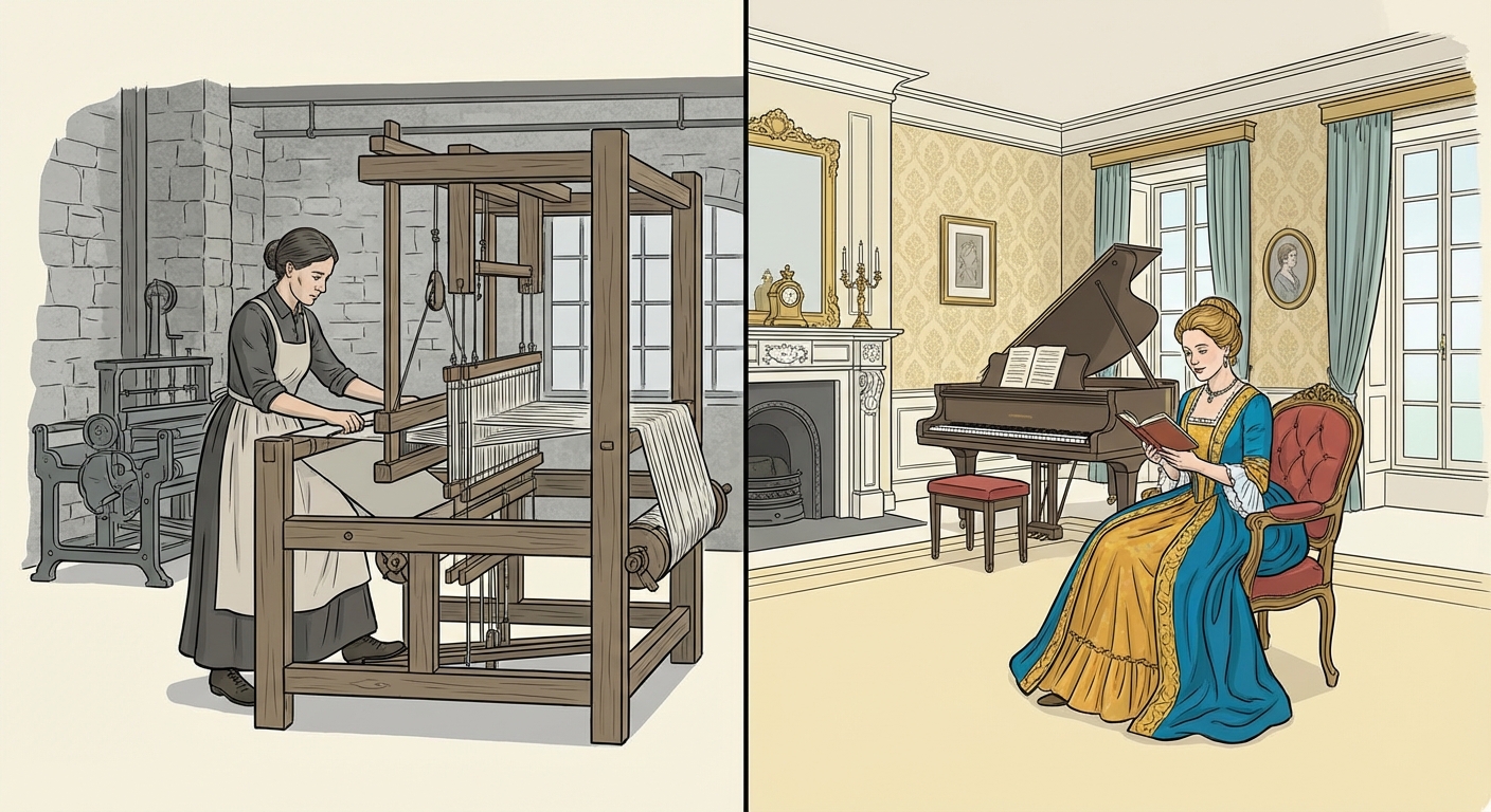 Dessin divisé en deux parties verticales. À gauche, une ouvrière en tenue sombre et tablier travaille sur un métier à tisser dans un atelier gris. À droite, une femme bourgeoise en robe colorée et élégante lit un livre dans un salon luxueux avec un piano.