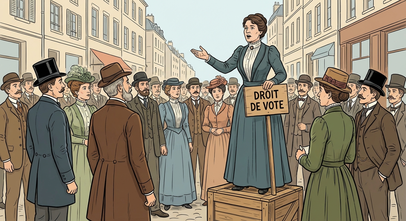 Portrait simple style dessin historique. Une femme (Hubertine Auclert) debout sur une caisse en bois dans la rue, haranguant la foule. Elle tient une pancarte écrite 'DROIT DE VOTE' en lettres capitales.