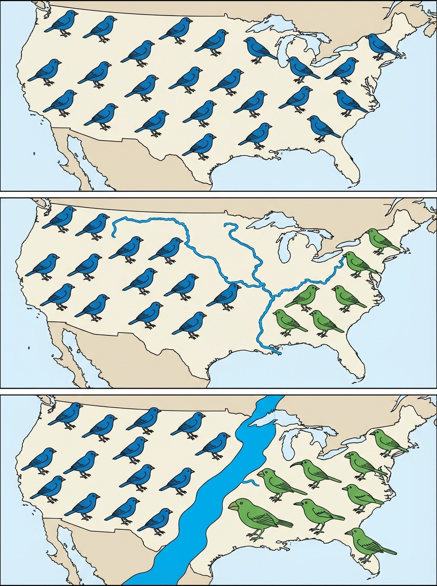 Schéma en 3 étapes verticales. Haut : Une population unique d'oiseaux bleus sur un continent. Milieu : Une rivière large sépare le continent en deux, isolant un petit groupe d'oiseaux à droite qui deviennent verts, tandis que ceux de gauche restent bleus. Bas : Les deux groupes sont très différents physiquement et ne se mélangent plus.
