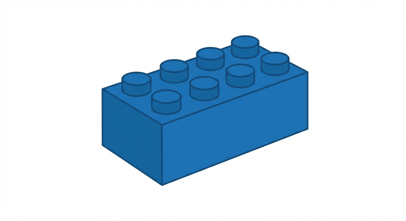 Dessin vectoriel simple sur fond blanc. Une seule brique de jeu de construction (type Lego) de couleur bleue, posée au centre. Aucun texte.