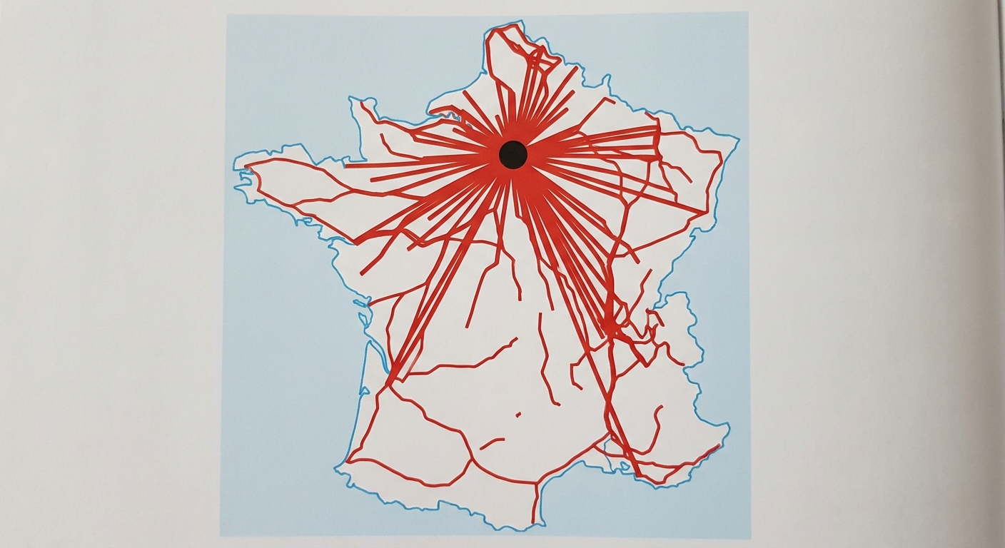 Carte de la France stylisée sur fond blanc. De nombreuses lignes rouges très denses partent d'un grand point noir central situé en haut et s'étalent en étoile. Le centre de la carte et les bordures contiennent beaucoup moins de lignes rouges, laissant des espaces blancs vides.