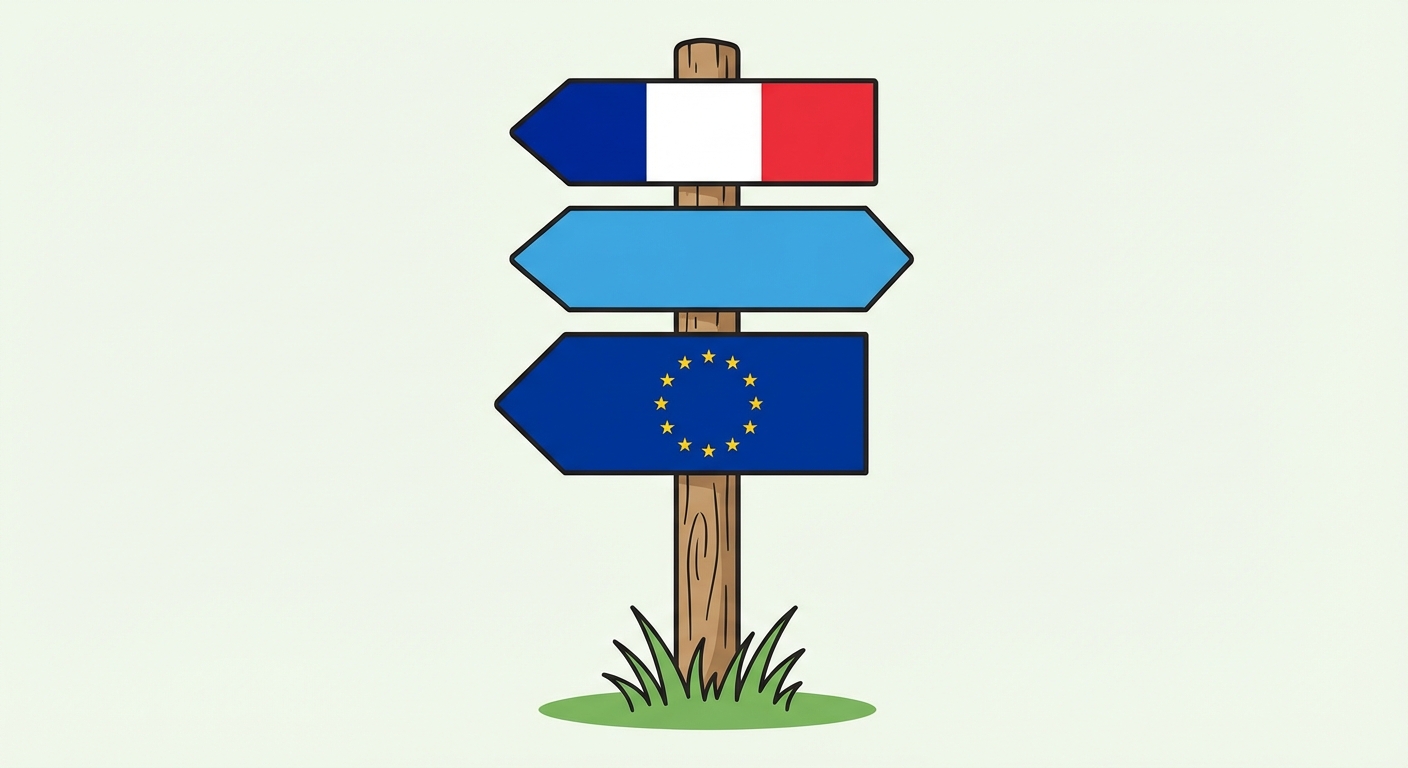 Dessin simple de trois panneaux directionnels rectangulaires plantés dans l'herbe sur un même poteau en bois. Le panneau du haut est bleu blanc rouge. Le panneau du milieu est entièrement bleu clair. Le panneau du bas est bleu foncé avec un cercle parfait composé de 12 petites étoiles jaunes.