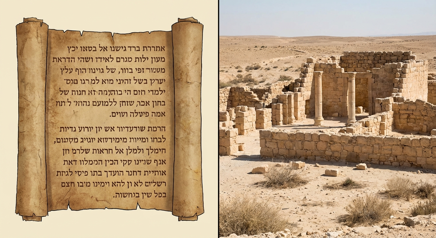 Illustration pédagogique divisée en deux. À gauche, un vieux parchemin biblique avec du texte hébreu. À droite, une photo réaliste d'une ruine archéologique en pierre dans un désert.