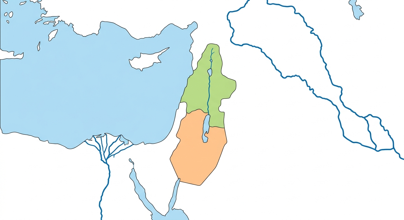 Carte simplifiée du Proche-Orient antique. À gauche, la mer Méditerranée en bleu et le fleuve Nil. À droite, les fleuves Tigre et Euphrate. Au centre, une zone colorée distincte indique les royaumes hébreux (Israël et Juda).