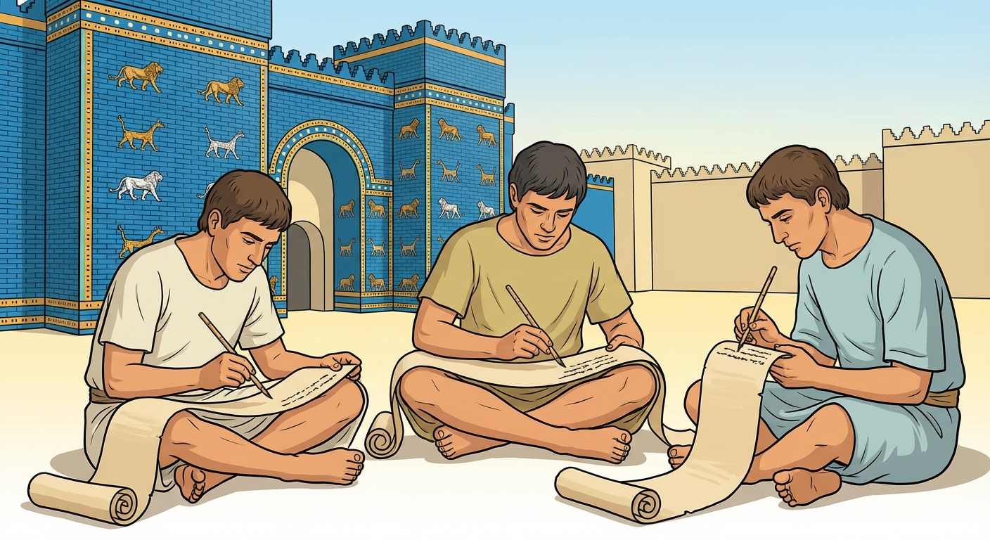 Dessin de scribes vêtus de tuniques simples, assis au sol, écrivant attentivement sur de longs parchemins déroulés. En arrière-plan, on devine les murs bleus décorés de la ville de Babylone.