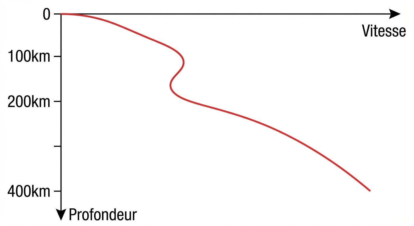 Graphique simple : Profondeur en ordonnée (0 à 400km vers le bas), Vitesse des ondes en abscisse. Une courbe rouge descend. Au niveau de la lithosphère la vitesse augmente. Entre 100 et 200km, la courbe recule vers la gauche (LVZ), puis augmente à nouveau dans l'asthénosphère.