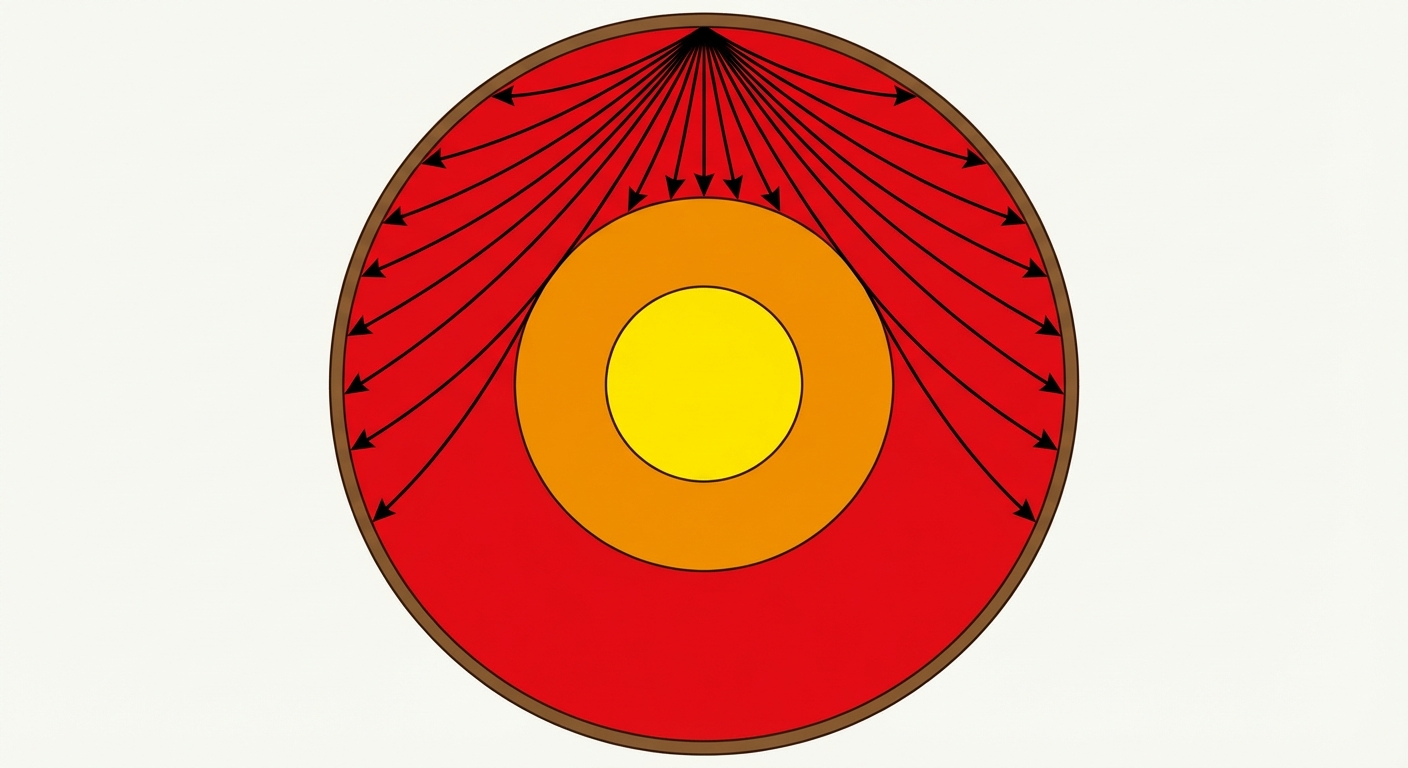 Schéma en coupe de la Terre. Couches concentriques : noyau interne (jaune), noyau externe (orange liquide), manteau (rouge), croûte (fine couche brune). Tracer des rais sismiques partant d'un séisme : les ondes S s'arrêtent net à l'entrée du noyau externe, créant une zone d'ombre de l'autre côté.