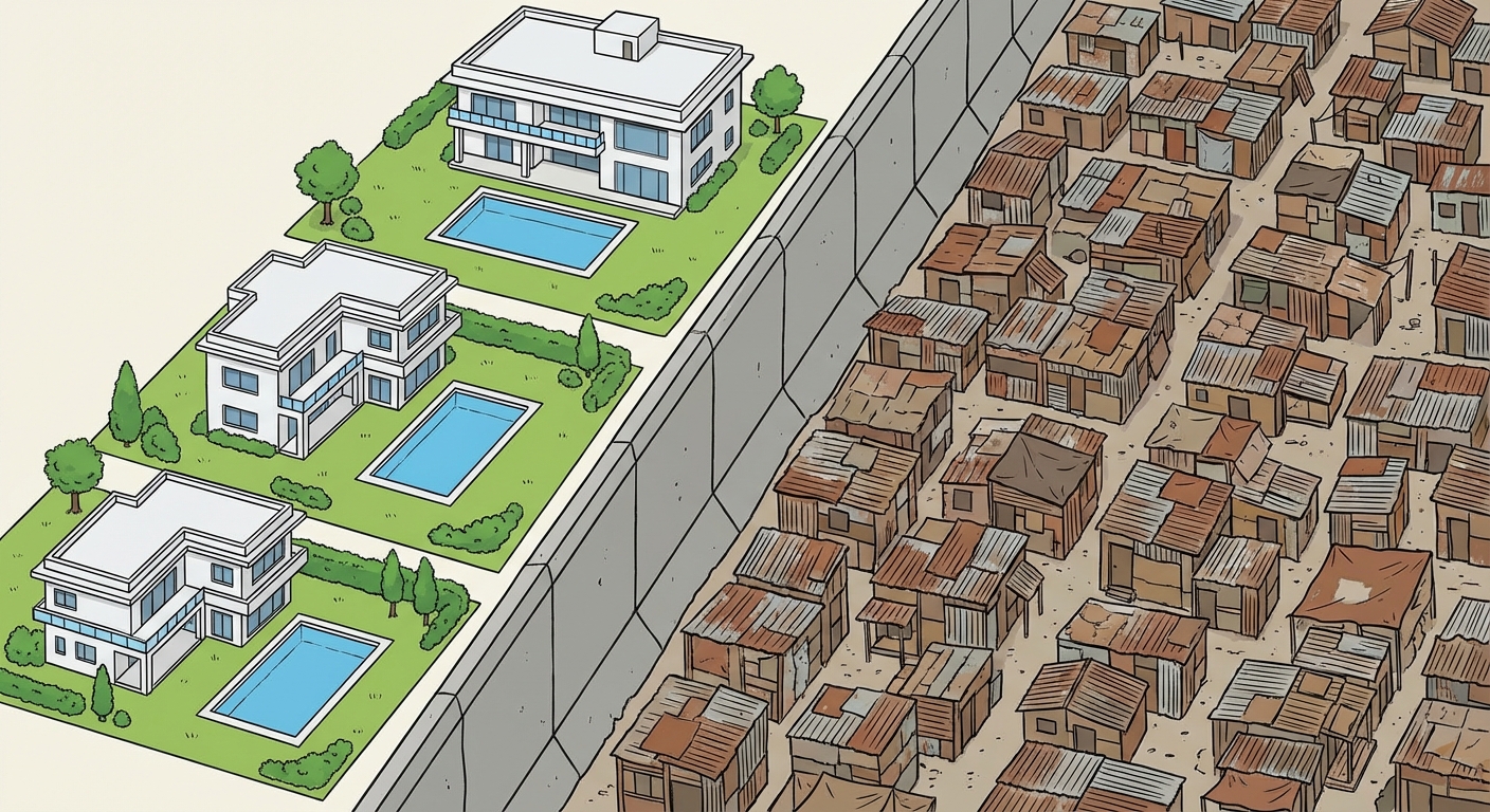 Dessin éducatif en vue plongeante séparé en deux par un grand mur de béton gris. A gauche du mur, 3 maisons luxueuses blanches avec des piscines bleues et des jardins verts. A droite du mur, un grand amas de petites cabanes en tôle rouillée très serrées sans aucune végétation. Le contraste entre les deux côtés est très net.