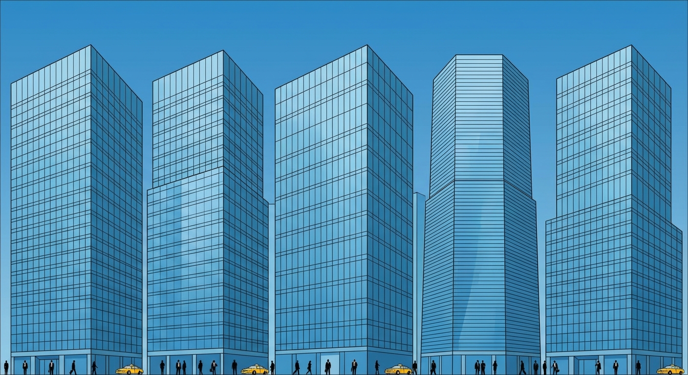 Dessin clair d'un paysage urbain montrant un quartier d'affaires. Au premier plan, cinq grands gratte-ciel modernes en verre bleuté serrés les uns contre les autres. Au pied de ces tours, de petites silhouettes de personnes en costume et de petits taxis jaunes. Le ciel est bleu, aucun autre élément complexe.