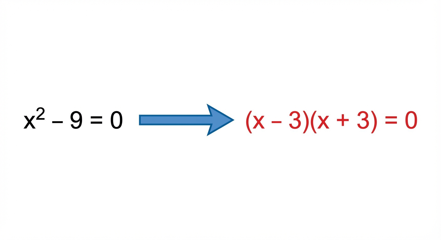 Schéma mathématique simple sur fond blanc : à gauche écrit en noir 'x² - 9 = 0', une flèche bleue pointe vers la droite vers le texte en rouge '(x - 3)(x + 3) = 0'.