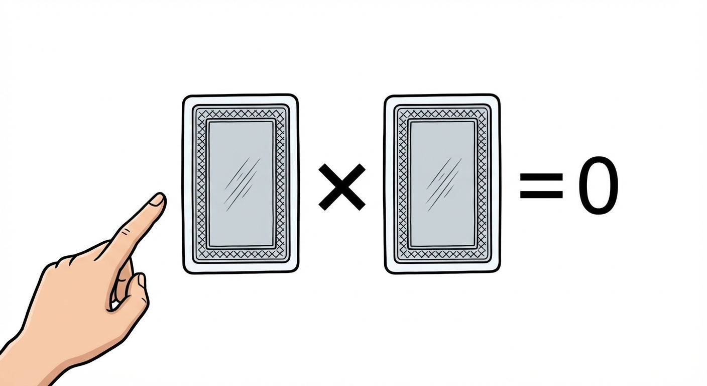 Dessin simple sur fond blanc : deux cartes à jouer face cachée côte à côte, avec un signe de multiplication 'x' entre les deux et un signe '=' suivi du chiffre '0' à droite. Une main pointe vers les cartes.