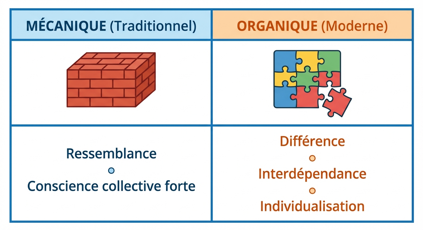 Tableau simple à deux colonnes sur fond blanc. Colonne gauche titre 'MÉCANIQUE (Traditionnel)' avec icône de briques identiques. Mots clés : Ressemblance, Conscience collective forte. Colonne droite titre 'ORGANIQUE (Moderne)' avec icône de puzzle. Mots clés : Différence, Interdépendance, Individualisation.