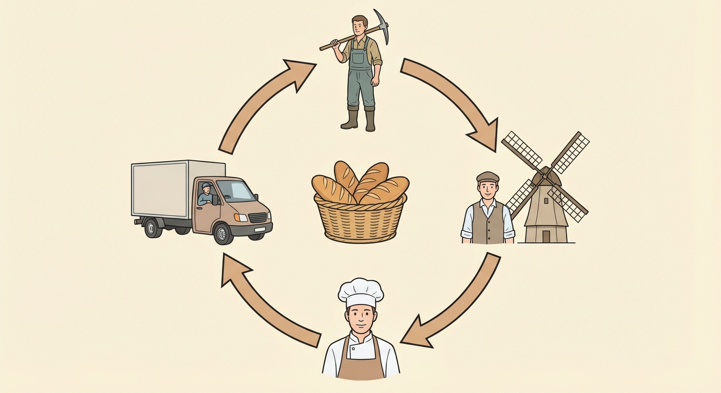 Schéma simple de type organigramme circulaire. Au centre, un panier de pain. Autour, reliés par des flèches : un agriculteur (pioche), un meunier (moulin), un boulanger (toque) et un transporteur (camion). Les flèches montrent qu'ils ont besoin les uns des autres.