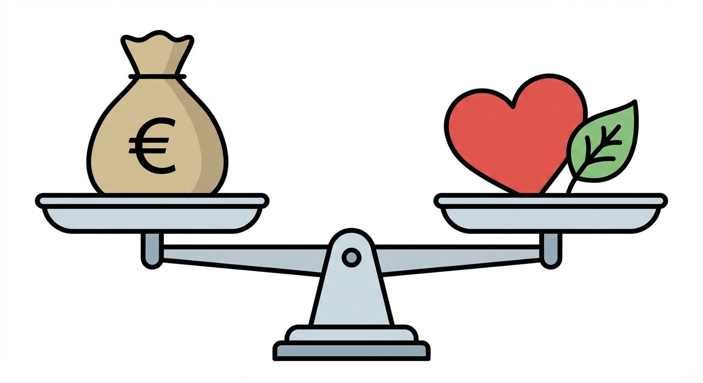 Dessin schématique d'une balance à fléau à l'équilibre. Sur le plateau de gauche, un sac avec le symbole Euro (€). Sur le plateau de droite, un cœur rouge et une petite feuille verte symbolisant l'écologie. Fond blanc épuré.