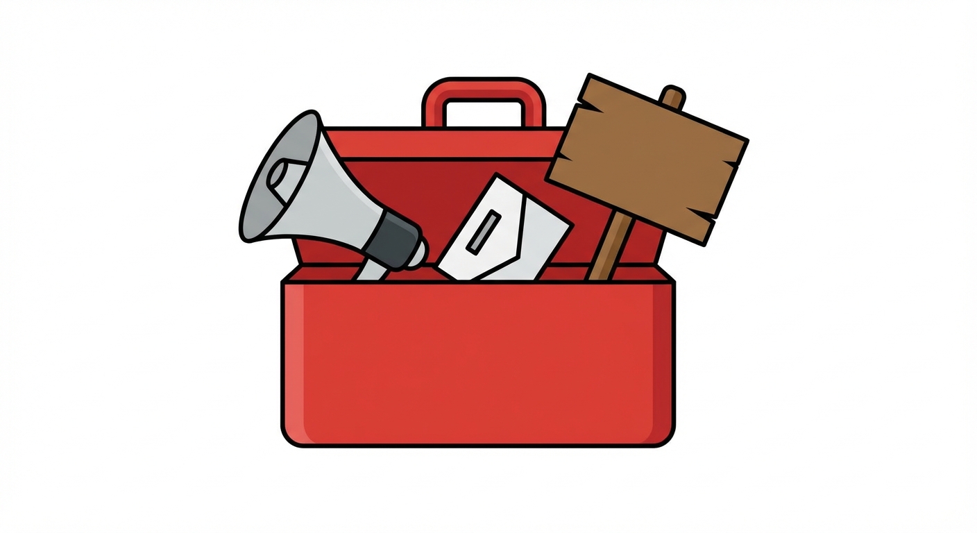 Illustration vectorielle simple style icône sur fond blanc. Une boîte à outils rouge ouverte. À l'intérieur, on voit dépasser trois objets symboliques distincts : un mégaphone gris, une enveloppe de vote blanche et une pancarte de manifestation en bois.
