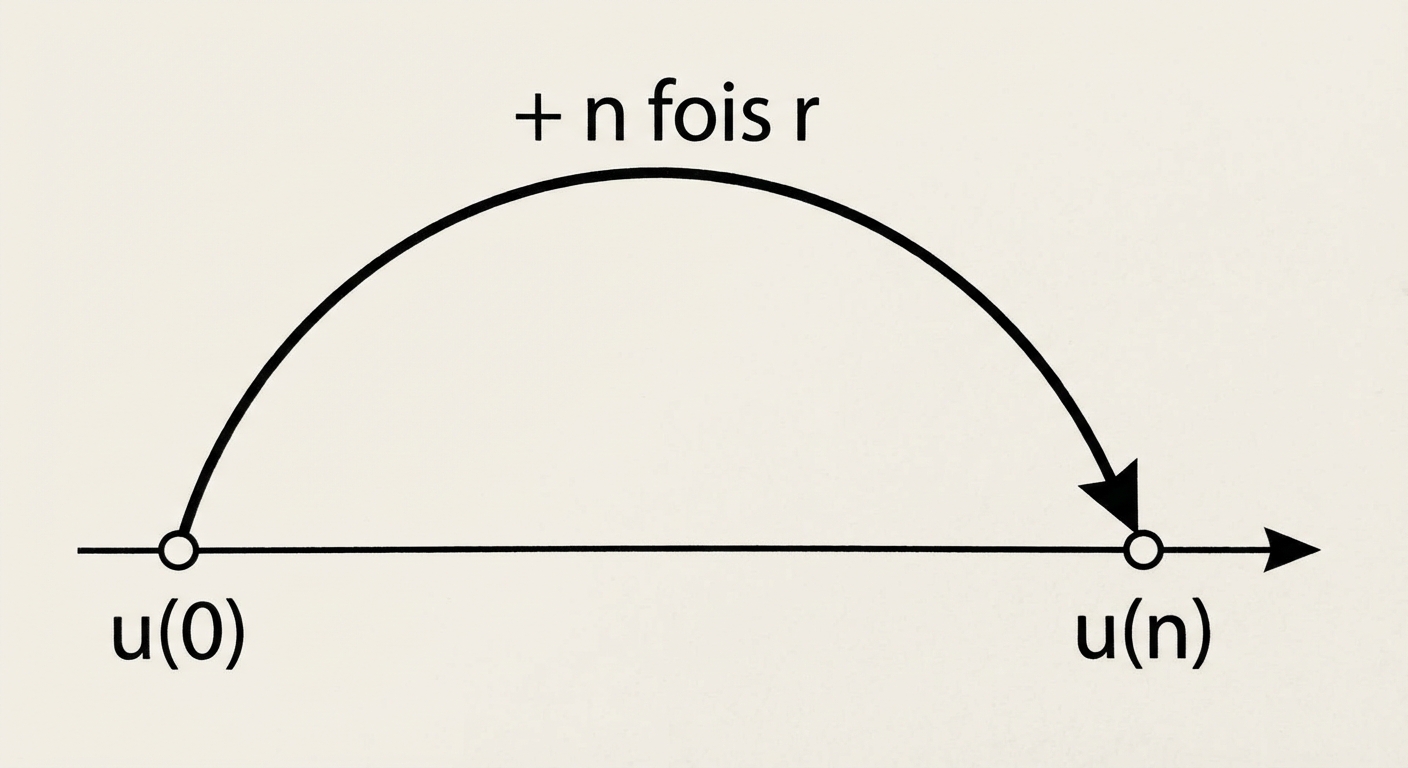 Dessin d'une ligne de temps horizontale. À gauche, un point marqué 'u(0)'. À droite, un point marqué 'u(n)'. Une grande flèche courbe part de u(0) et atterrit directement sur u(n). Au-dessus de la flèche, il est écrit '+ n fois r'.