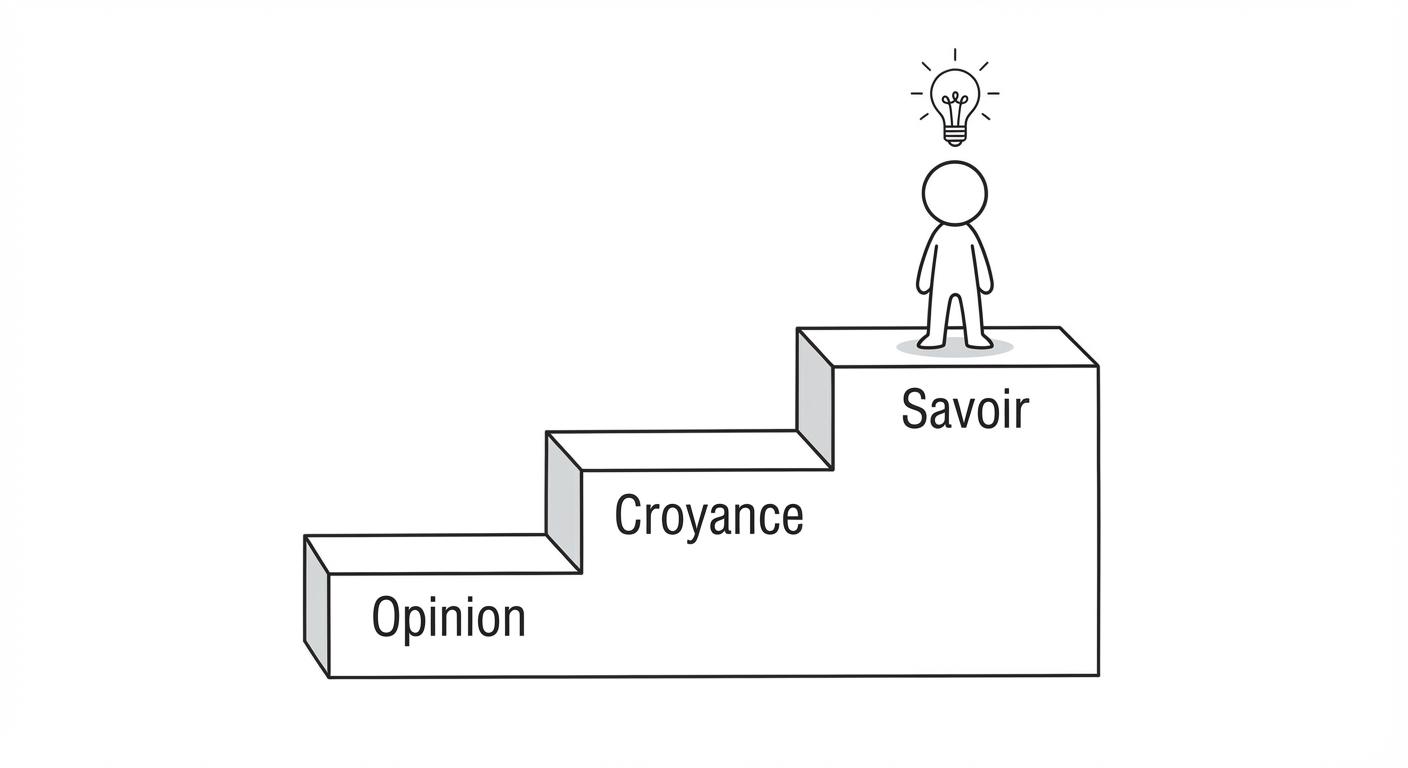 Schéma simple en escalier montant de la gauche vers la droite avec 3 marches. La marche du bas est nommée 'Opinion', la marche du milieu 'Croyance', la marche du haut 'Savoir'. Un petit personnage stylisé se tient sur la marche du haut avec une ampoule allumée au-dessus de la tête. Fond blanc épuré.