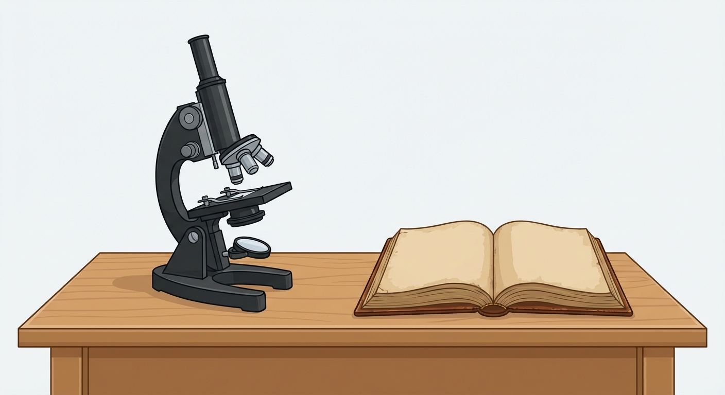 Sur une table en bois vue de face : à gauche, un microscope noir moderne (symbole science). À droite, un vieux livre ouvert avec une couverture en cuir (symbole philosophie/religion). Les deux objets sont éclairés par la même lumière douce.