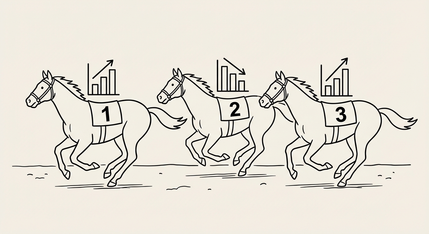 Dessin simple de trois chevaux de course sur une piste, numérotés. Sur leur dos, à la place des jockeys, il y a des graphiques en bâtons qui montent ou descendent. Titre suggéré : 'La course aux chiffres'.