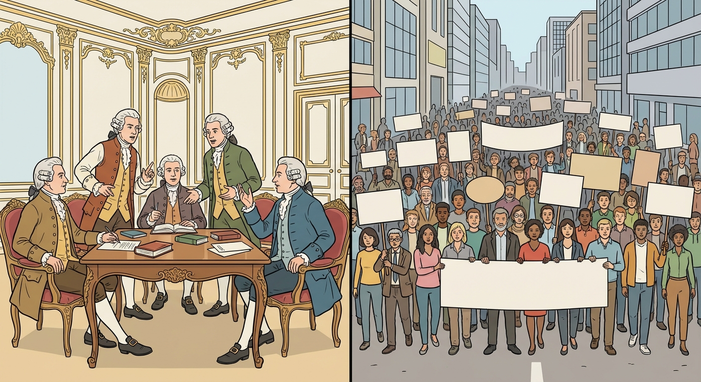 Image divisée en deux parties. À gauche (18ème siècle) : un salon luxueux avec 5 hommes en perruques qui débattent (opinion éclairée). À droite (21ème siècle) : une foule immense et diversifiée dans la rue avec des pancartes (opinion du plus grand nombre). Style dessin pédagogique.