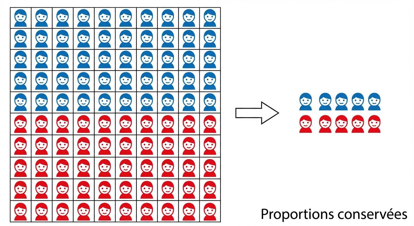 Schéma pédagogique sur fond blanc. À gauche, un grand groupe de 100 personnages (50 bleus, 50 rouges). Une flèche mène vers un petit groupe de 10 personnages (5 bleus, 5 rouges). Le texte 'Proportions conservées' apparaît.