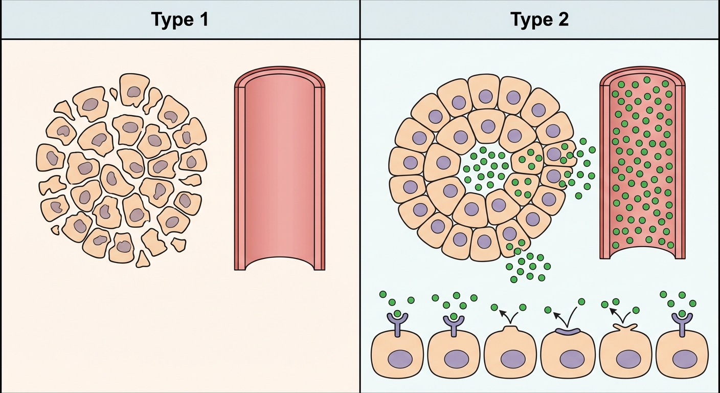 Tableau comparatif visuel en deux colonnes. Colonne gauche 'Type 1' : un îlot de Langerhans détruit, pas d'insuline dans le sang. Colonne droite 'Type 2' : insuline présente en quantité, mais les récepteurs sur les cellules cibles sont déformés/fermés et ne réagissent pas.