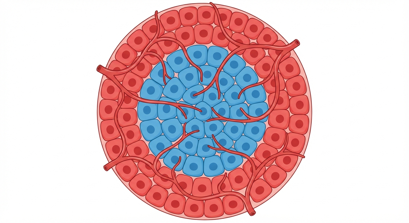 Schéma simplifié d'un îlot de Langerhans forme circulaire sur fond blanc. Au centre, des cellules colorées en bleu représentant les cellules bêta. En périphérie, entourant le centre, des cellules colorées en rouge représentant les cellules alpha. Des capillaires sanguins traversent l'amas pour collecter les hormones.