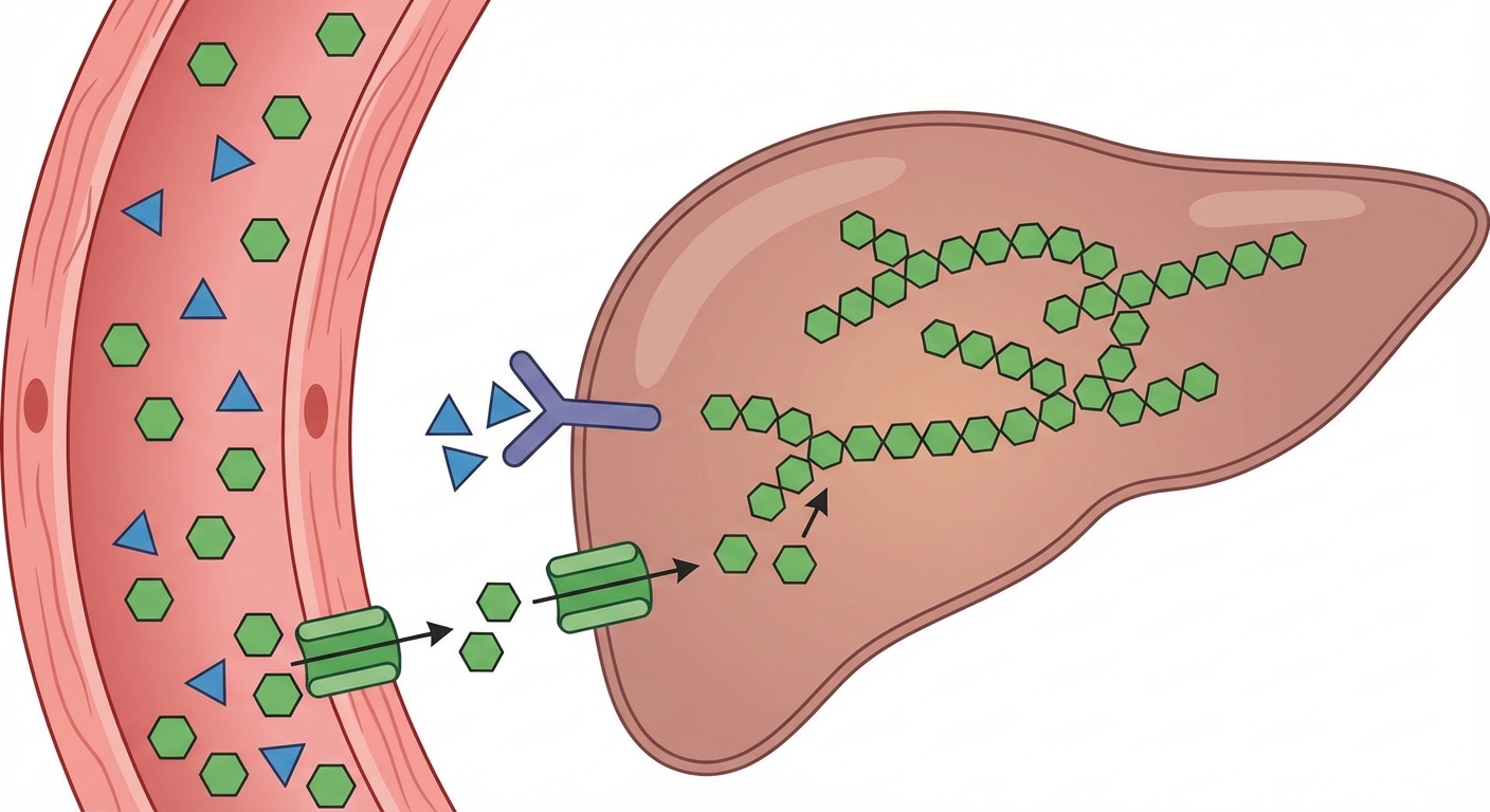Schéma fonctionnel simple. À gauche, un vaisseau sanguin riche en glucose (hexagones verts) et insuline (triangles bleus). À droite, une cellule du foie avec un récepteur en Y. L'insuline se fixe sur le récepteur, ce qui active des transporteurs faisant entrer le glucose. À l'intérieur, le glucose s'assemble en chaînes de glycogène.