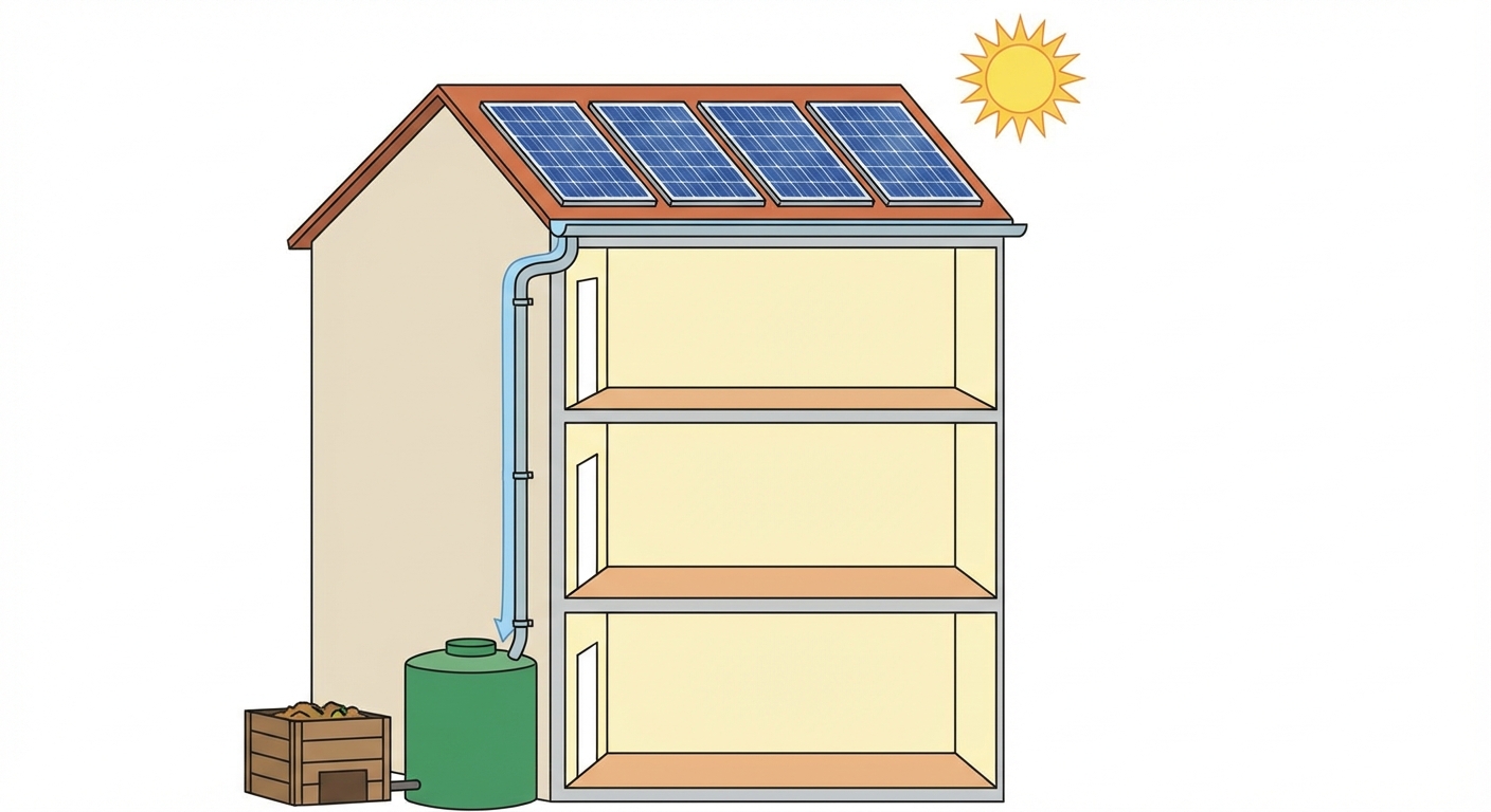 Schéma simple en coupe d'un immeuble de 3 étages. Sur le toit, 4 panneaux solaires bleus sont dirigés vers le soleil. Une gouttière récupère l'eau de pluie qui tombe dans une grosse cuve verte au rez-de-chaussée. Un bac à compost brun est dessiné à côté.