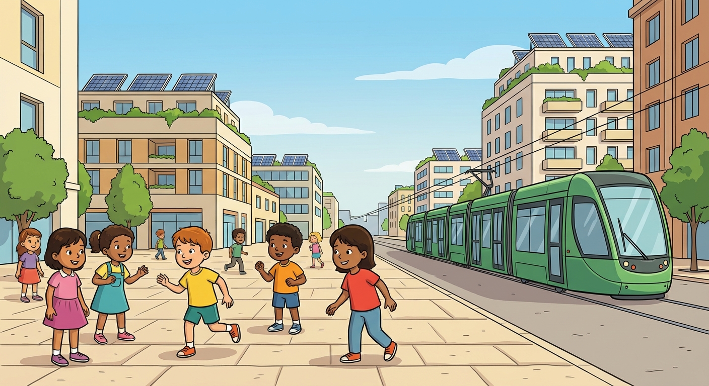 Dessin coloré style bande dessinée d'une rue d'un écoquartier. Au premier plan, des enfants jouent sur une large zone piétonne pavée. Au second plan, des immeubles modernes avec des plantes sur les toits et des panneaux solaires. Un tramway vert passe silencieusement sur le côté. Il fait beau, le ciel est bleu.
