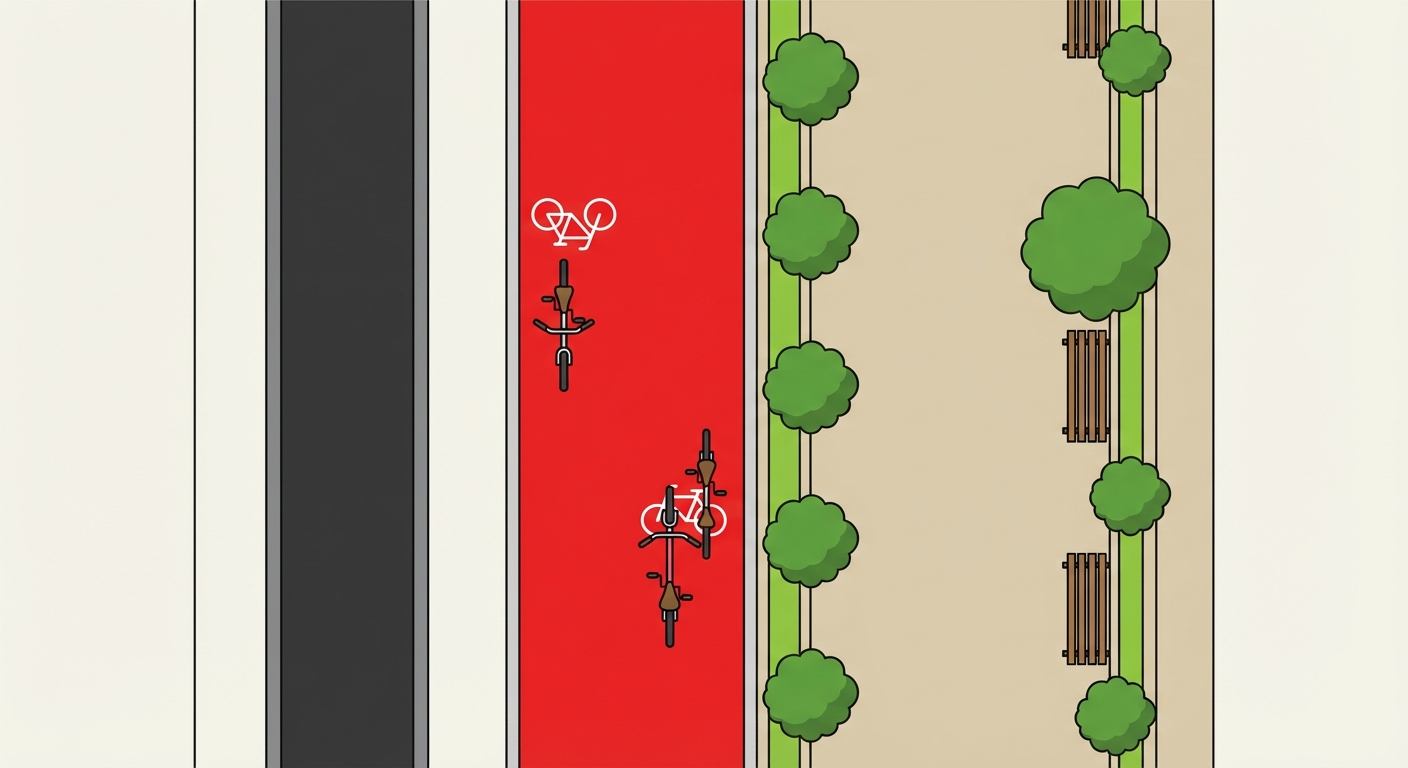 Illustration vue de dessus d'une rue. La route pour les voitures est très étroite, gris foncé. À côté, une piste cyclable rouge est bien large avec deux vélos dessus. Le trottoir est beige, très large avec des arbres et des bancs.