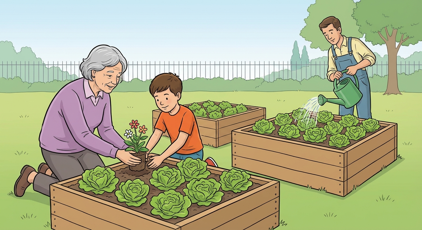 Dessin d'un jardin communautaire. Trois bacs en bois surélevés contiennent des salades vertes. Une dame âgée avec des cheveux gris montre à un jeune garçon comment planter une fleur. Un homme arrose un peu plus loin avec un arrosoir vert.