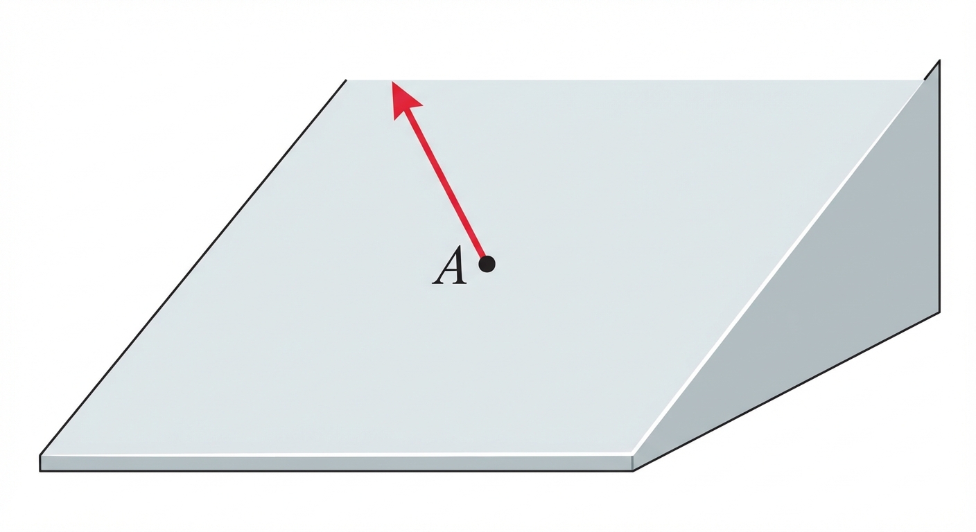 Schéma 3D épuré sur fond blanc. Un plan gris clair incliné. Un point A est marqué sur ce plan. Un vecteur rouge (flèche) part de A et est parfaitement perpendiculaire à la surface du plan.