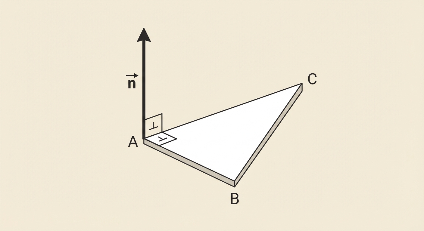 Schéma 3D simple. Un triangle ABC flottant. Un vecteur n part de A vers le haut. Des symboles d'angle droit indiquent que n est perpendiculaire à AB et à AC.