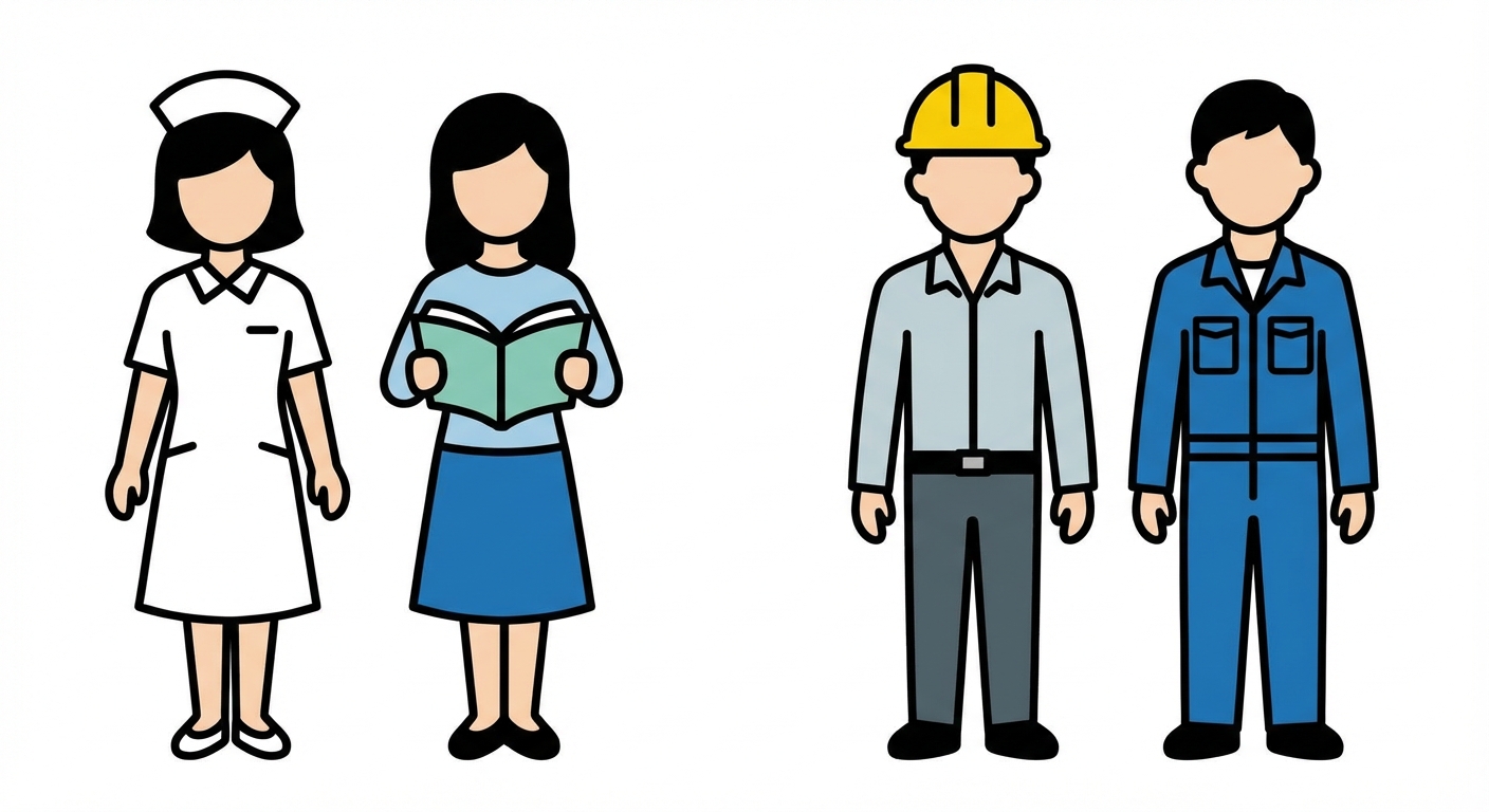 Dessin simple style icônes. À gauche, une silhouette de femme infirmière en blanc et une femme enseignante avec un livre. À droite, une silhouette d'homme avec un casque de chantier jaune et un homme en bleu de travail.