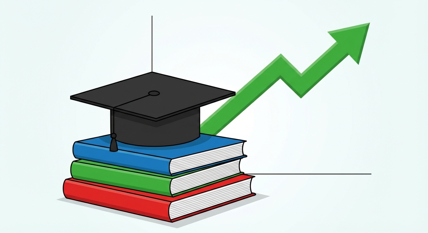 Illustration épurée. Au premier plan, une toque de diplômé universitaire noire posée sur une pile de trois livres colorés (rouge, vert, bleu). En arrière-plan, un graphique simple avec une flèche verte qui monte vers le haut.