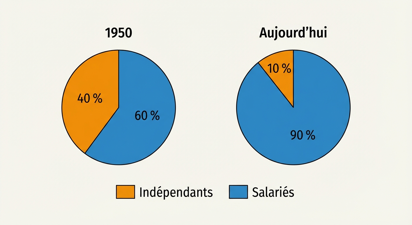 Schéma simple type camembert en deux parties. Un premier camembert intitulé 1950 avec une part orange de 40% et une part bleue de 60%. Un deuxième camembert intitulé Aujourd'hui avec une part orange de 10% et une part bleue de 90%. Légende : Orange = Indépendants, Bleu = Salariés.