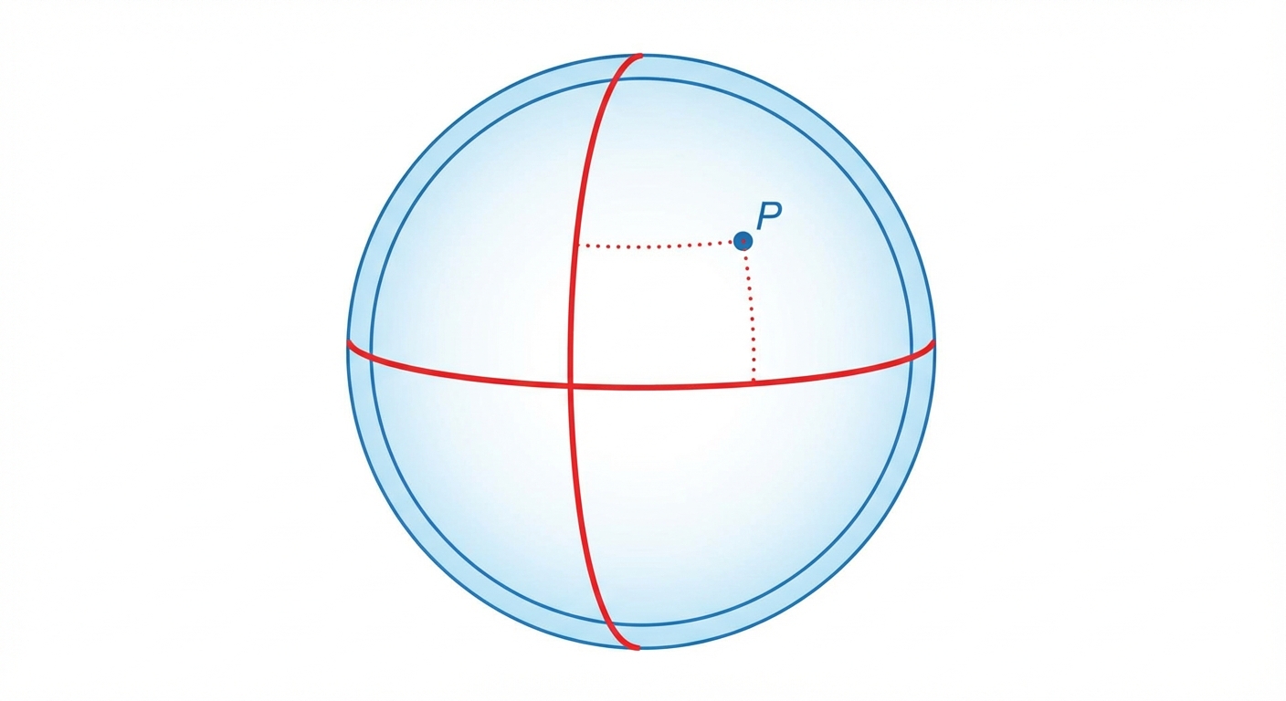 Schéma d'un globe terrestre bleu sur fond blanc. Une ligne rouge horizontale indique l'Équateur (Latitude 0°). Une ligne rouge verticale indique le Méridien de Greenwich (Longitude 0°). Un point P est placé sur le globe avec des pointillés montrant ses coordonnées.