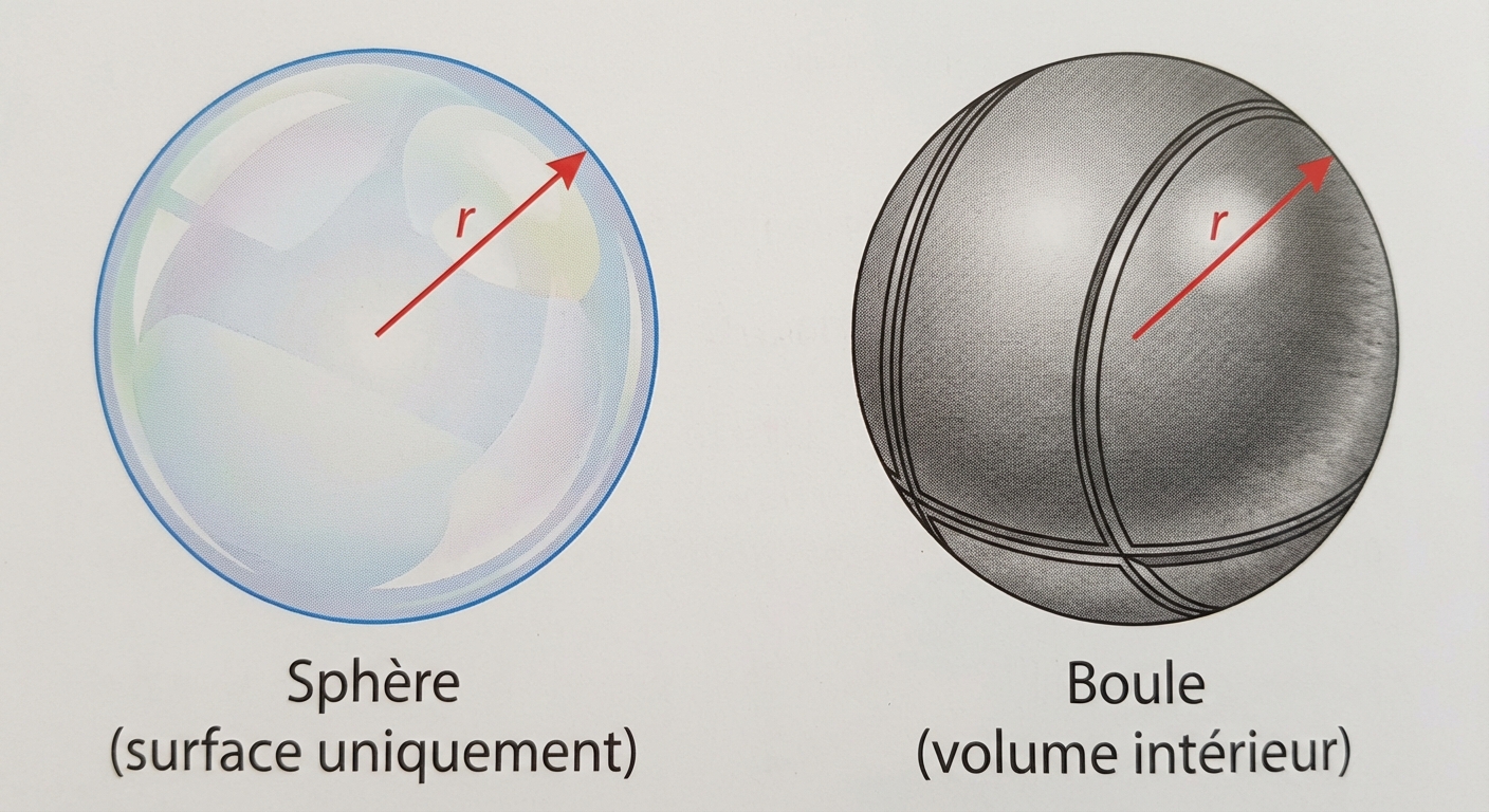 Schéma simple comparatif sur fond blanc. À gauche, une bulle de savon transparente nommée 'Sphère (surface uniquement)'. À droite, une boule de pétanque métallique solide et grise nommée 'Boule (volume intérieur)'. Les deux ont le même rayon indiqué par une flèche rouge notée 'r'.