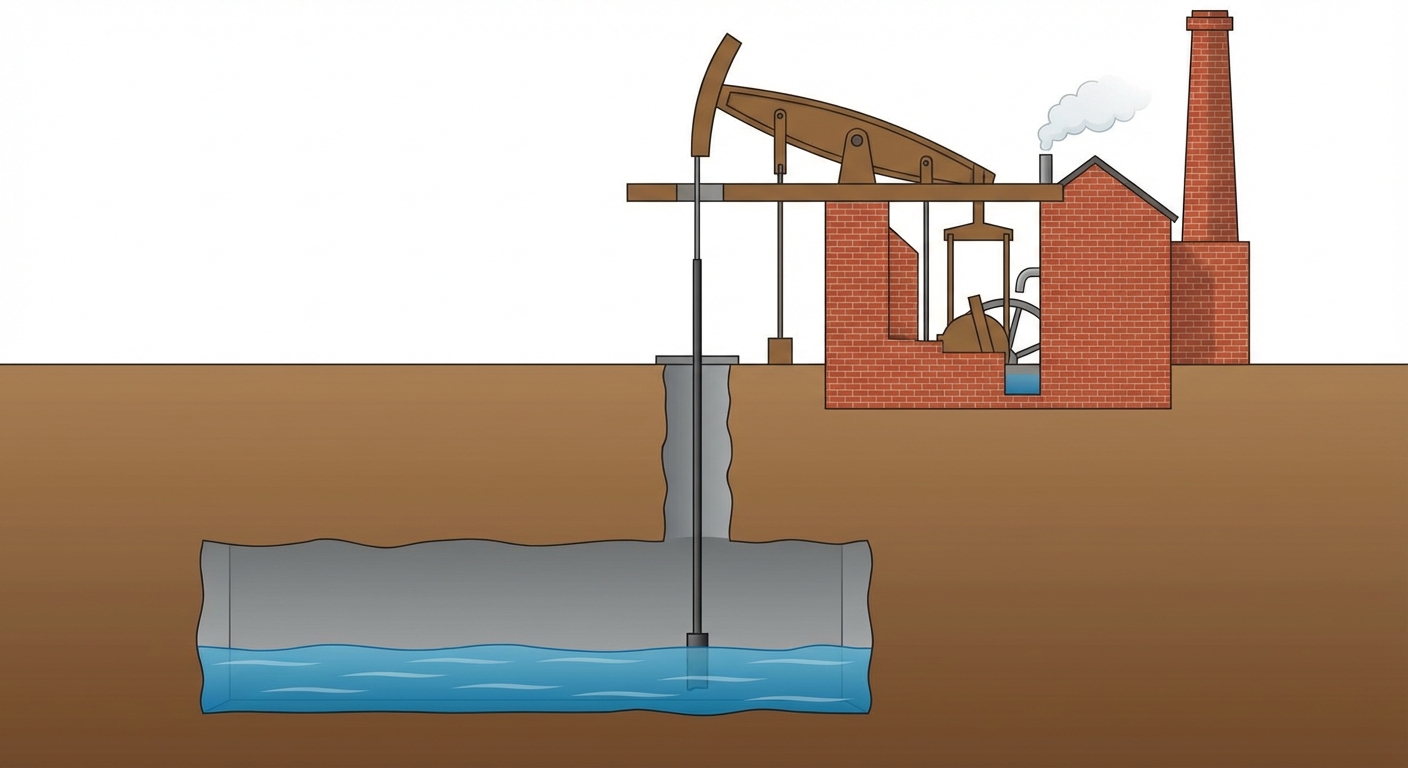 Dessin simple en coupe de la terre montrant une mine. En bas, une galerie grise inondée d'eau bleue. À la surface de la terre, un grand bâtiment en briques rouges avec une haute cheminée. Un énorme balancier en bois brun sort du bâtiment et plonge une longue tige verticale noire directement dans le puits de la mine. Un petit nuage de vapeur blanche s'échappe du bâtiment en surface.