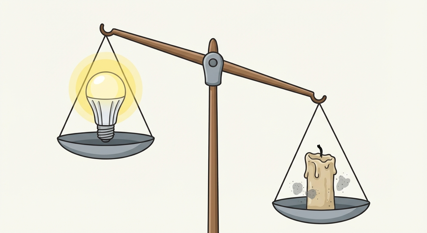 Illustration style cartoon d'une balance à deux plateaux. Sur le plateau de gauche qui monte (léger et lumineux) : une ampoule électrique moderne brillante. Sur le plateau de droite qui descend (lourd et gris) : une vieille bougie éteinte et poussiéreuse. Fond uni clair.