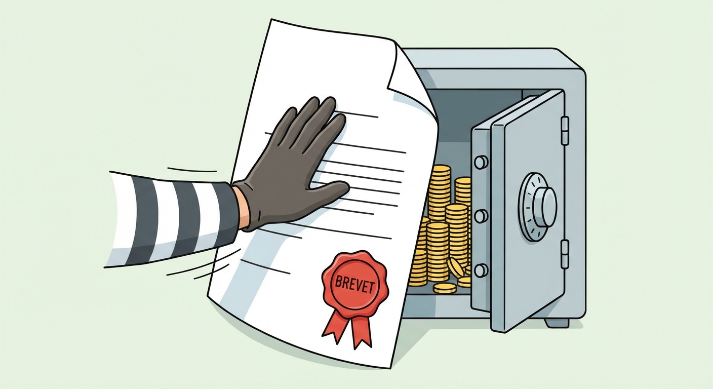 Dessin simple : un document papier officiel avec un sceau rouge marqué 'BREVET' au centre. Ce document est placé devant un coffre-fort ouvert rempli de pièces d'or, protégeant le coffre. Une main de voleur essaie d'attraper le coffre mais est bloquée par le document.